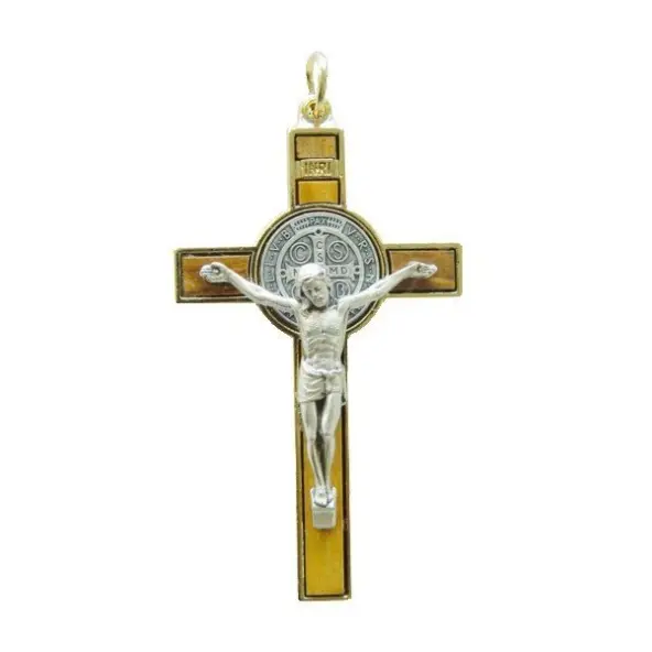Croix de Saint Benoit 8 cm - Bois d'olivier et métal doré