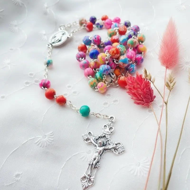 Chapelet multicolore Fimo sur chaîne argentée