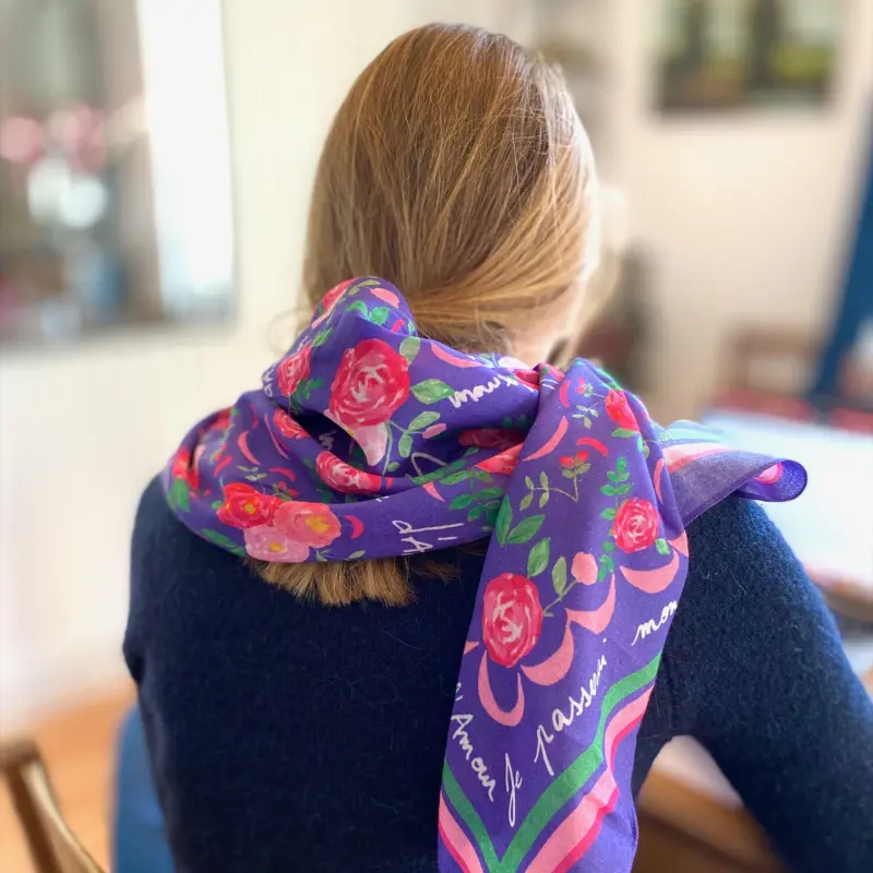 Grand foulard Vivre d'Amour violet 100 x 100 cm