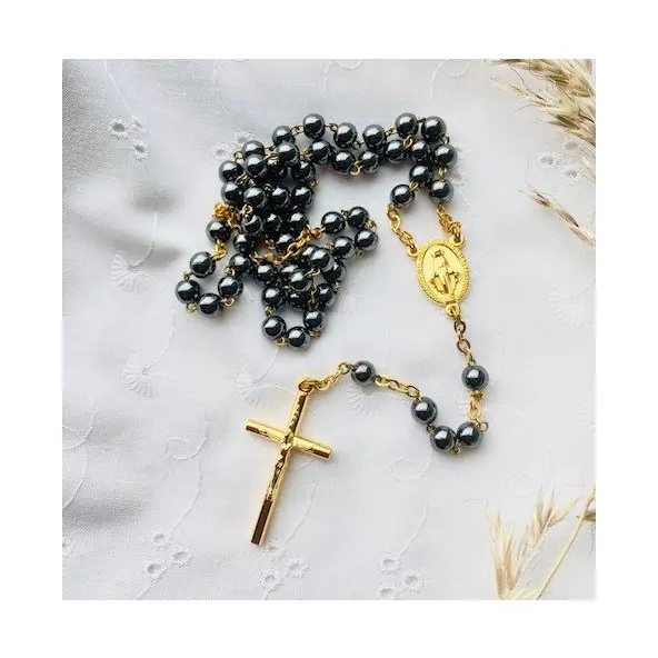 Chapelet Vierge Miraculeuse en hématites sur chaîne dorée