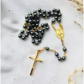 Chapelet Vierge Miraculeuse en hématites sur chaîne dorée - 1