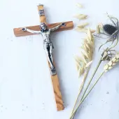 Crucifix fin en bois & métal argenté - 1