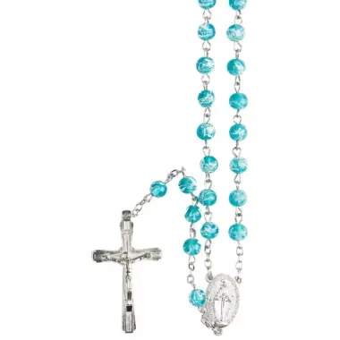 Chapelet Médaille Miraculeuse en résine grains marbrés bleu turquoise