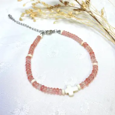 Bracelet chapelet en verre coloris rose avec fermoir