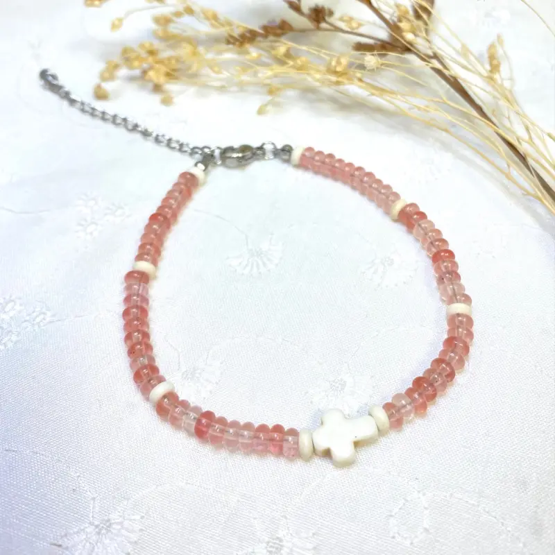 Bracelet chapelet en verre coloris rose avec fermoir