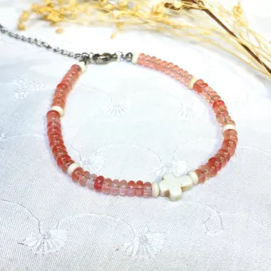 Bracelet chapelet en verre coloris rose avec fermoir