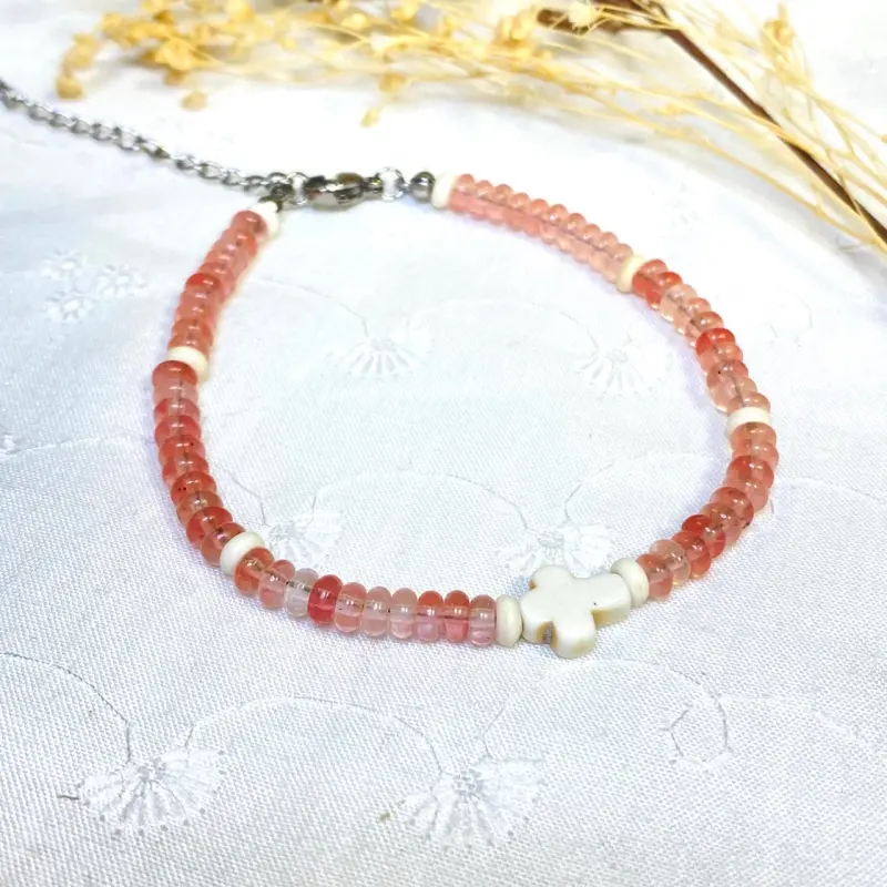 Bracelet chapelet en verre coloris rose avec fermoir