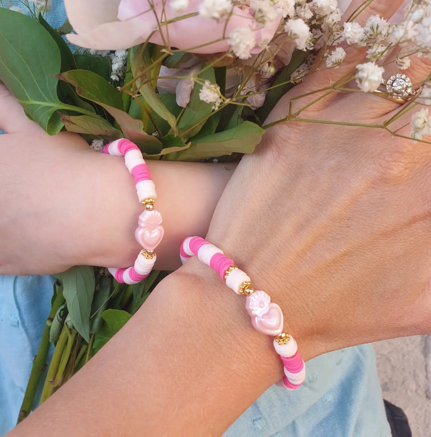 Bracelet Sacré Coeur Duo Mère Fille Rose &amp; Blanc | Boutique Sainte-Marie