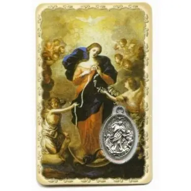 Carte de prière avec médaille en métal - Marie qui Défait les Nœuds